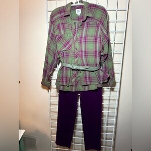 Talbots Cotton Velvet Pants with BDG Plaid Shirt and leather belt